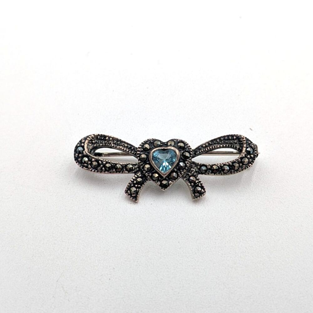 Vintage Sterling Silver Marcasite Gemstone Heart and Bow Pin